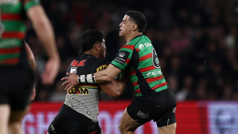 Brian To’o try, video, watch, Penrith Panthers highlights, South Sydney Rabbitohs, Cody Walker tackle, results, Panthers winger, live scores