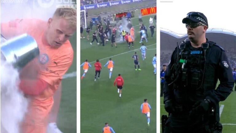 Melbourne Victory vs Melbourne City match abandoned, fans storm pitch, Tom Glover hit with bin, video