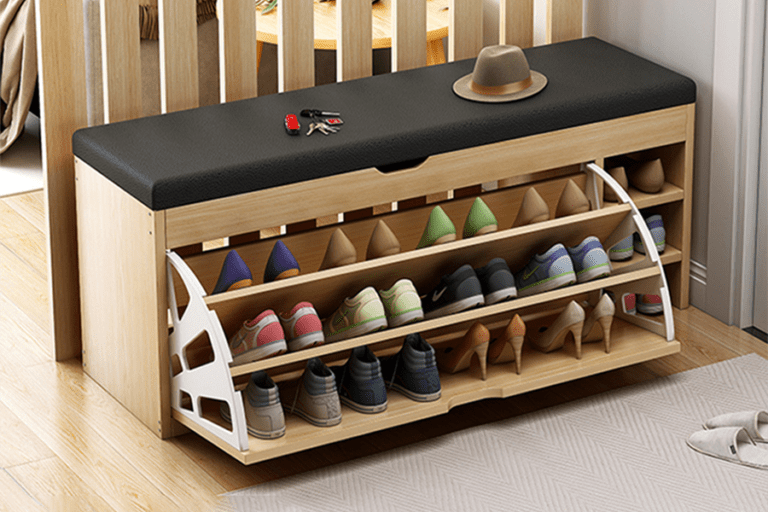 You can store your shoes conveniently with a wooden shoe rack